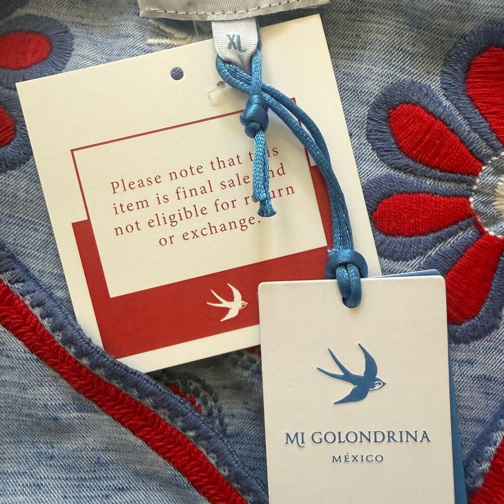 Mi Golondrina Blue and Red Floral Embroidered Long Sleeve Mini Dress Size XL - Picture 4 of 9